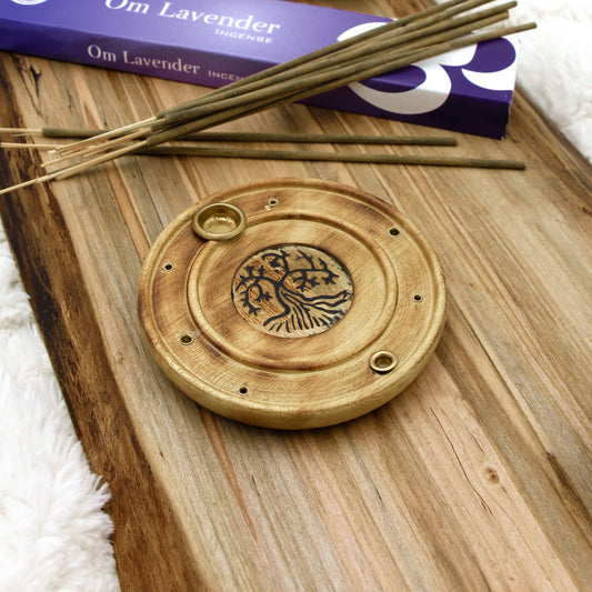 Copper Tree of Life Wood Incense Holder with 6 slots for incense sticks and a brass plate for incense cones.